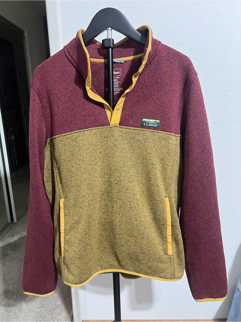 L.L. Bean Men's Two-Tone Zip Pullover - Burgundy & Mustard